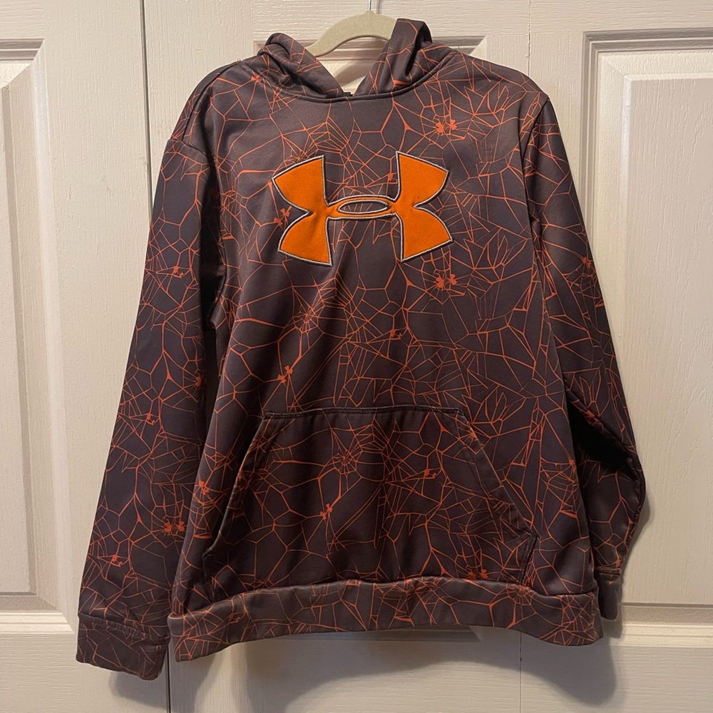 Underarmor boys orange/dark grey thermal lined hoodie, Youth medium, loose fit